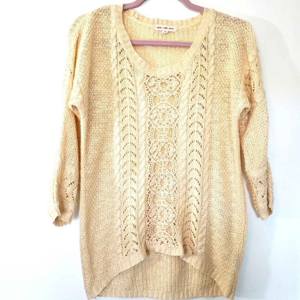 Pink Rose Lace Crochet Knit Cream Crew Neck High Low Women's Sweater Size M